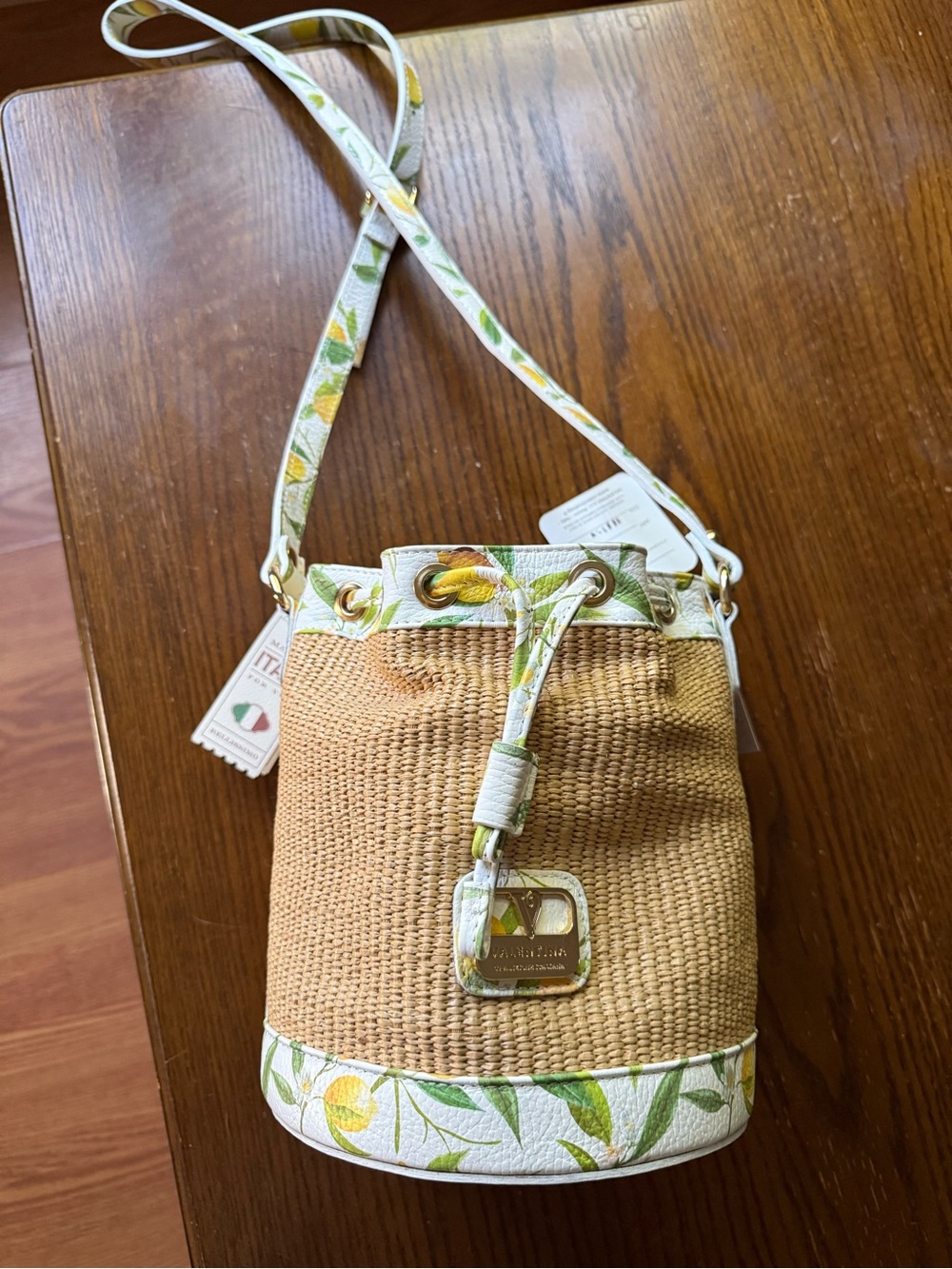 Straw Bucket Crossbody Bag with Lemon Print Trim